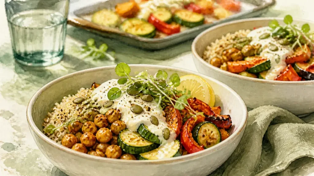 Recettes pour la santé : bols quinoa et légumes, sauce yaourt-citron