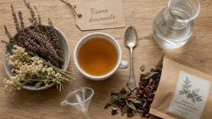 Tisane élimination et bien être bienfaits : tasse de tisane drainante et plantes