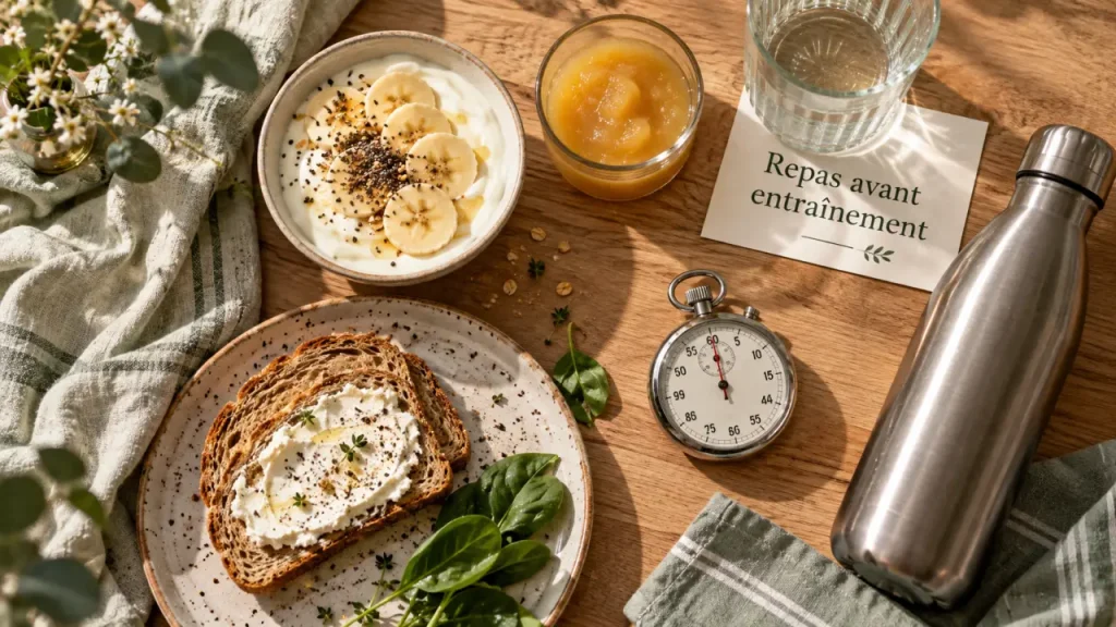 Alimentation sportive : repas avant entraînement, yaourt, banane et gourde