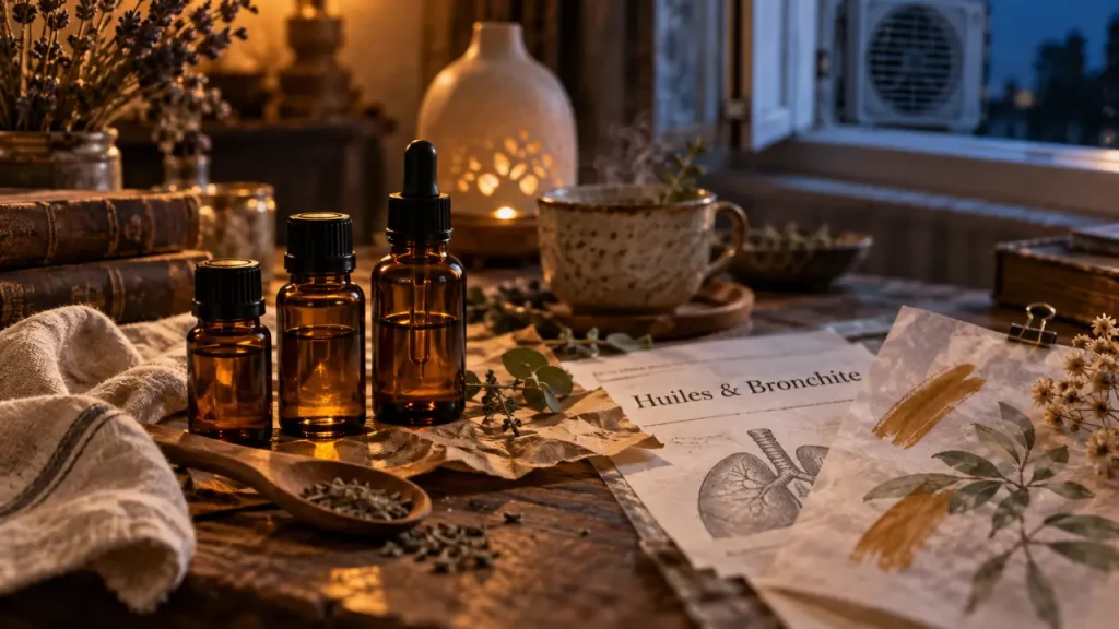 Bronchite huiles essentielles : fioles et compte-gouttes pour respirer sans aggraver la respiration sifflante