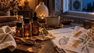 Bronchite huiles essentielles : fioles et compte-gouttes pour respirer sans aggraver la respiration sifflante