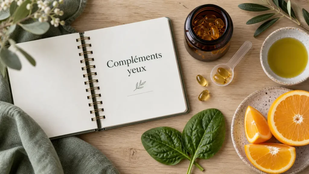 Compléments alimentaires yeux : flacon capsules et étiquette actifs