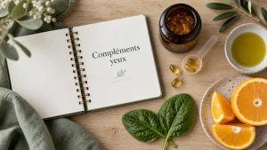 Compléments alimentaires yeux : flacon capsules et étiquette actifs