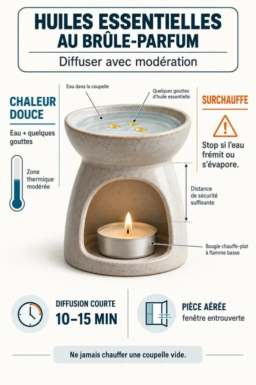Infographie sur l’utilisation des huiles essentielles à brûler dans un brûle-parfum