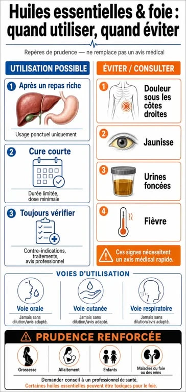 Foie et huiles essentielles : schéma des moments d’usage, des voies d’administration et des signaux d’alerte