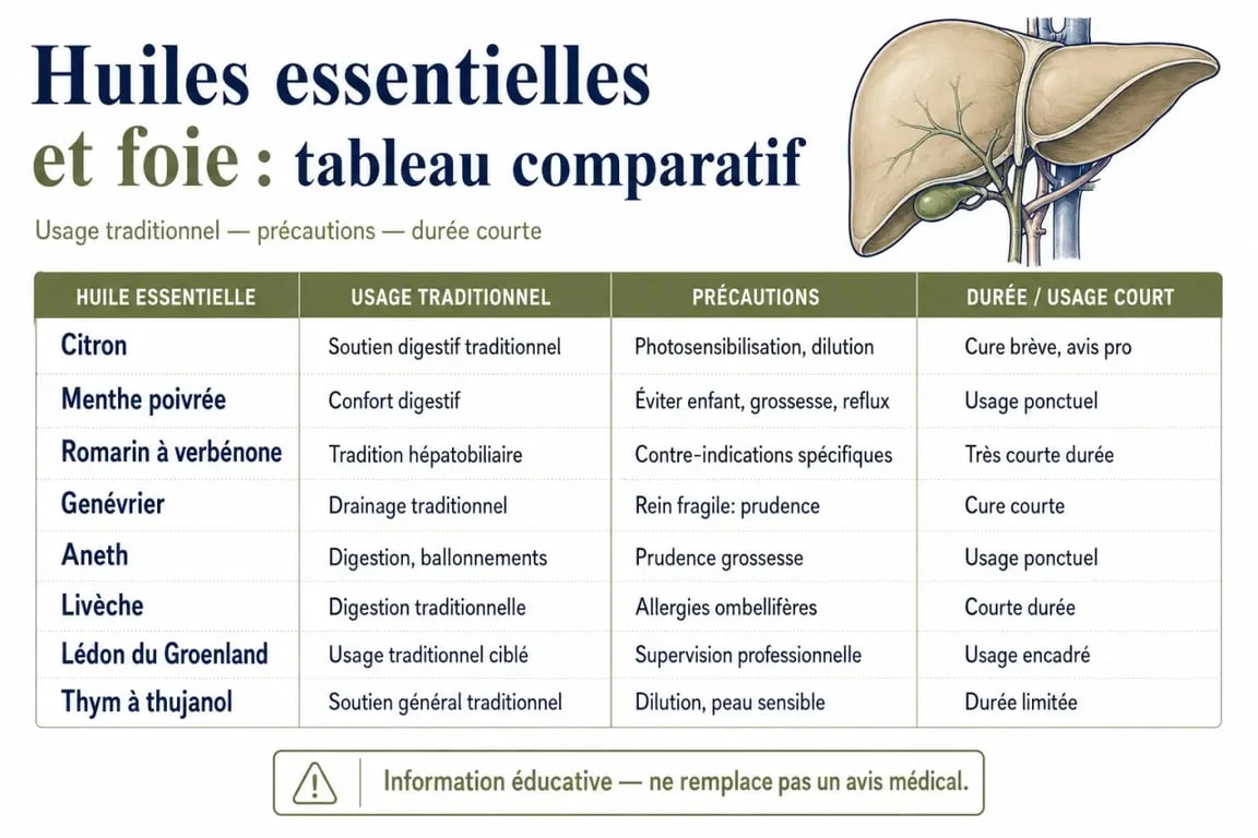 Foie et huiles essentielles : tableau comparatif des huiles citées, usages et précautions