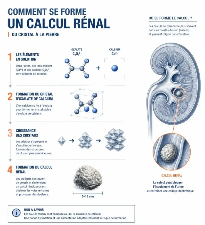 Schéma du mécanisme oxalate-calcium à l'origine des calculs rénaux liés à une alimentation riche en oxalate