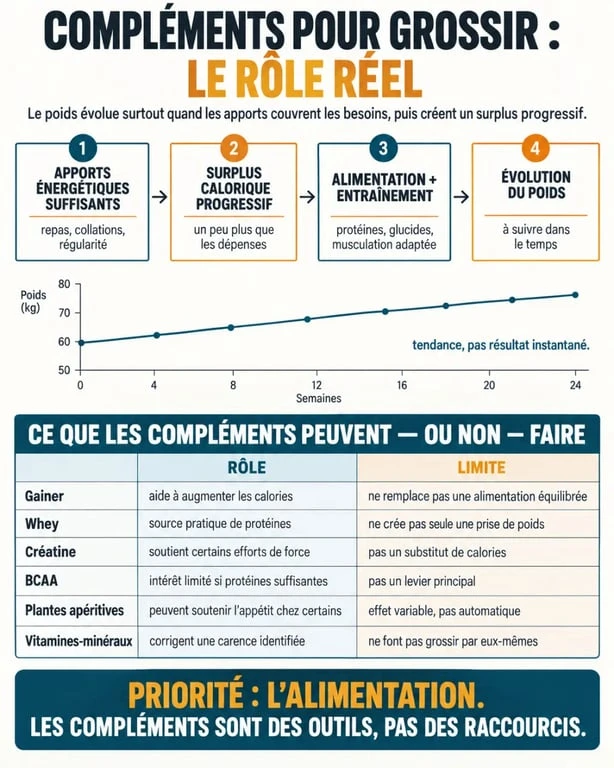 Infographie sur les compléments alimentaires pour grossir et leur rôle dans le surplus calorique