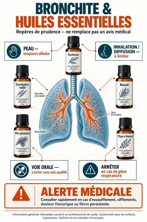 Infographie sur la bronchite huiles essentielles et les principales précautions d'utilisation