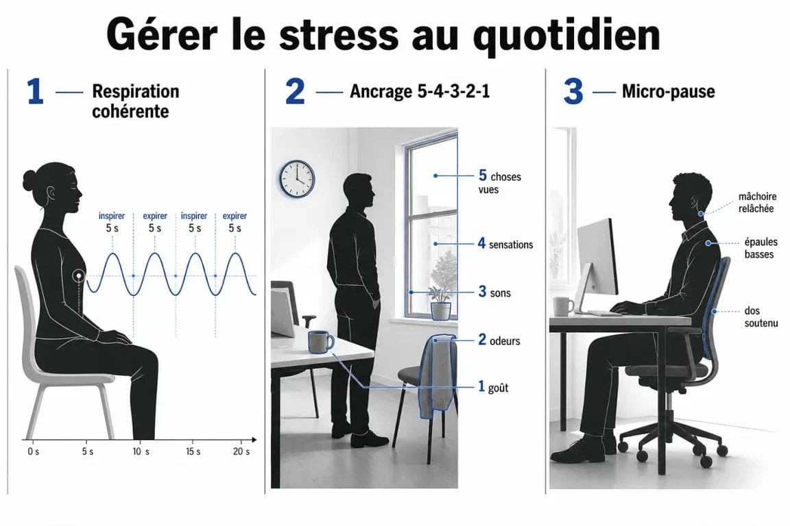 Techniques de gestion du stress en schéma éditorial avec respiration, ancrage sensoriel et micro-pause