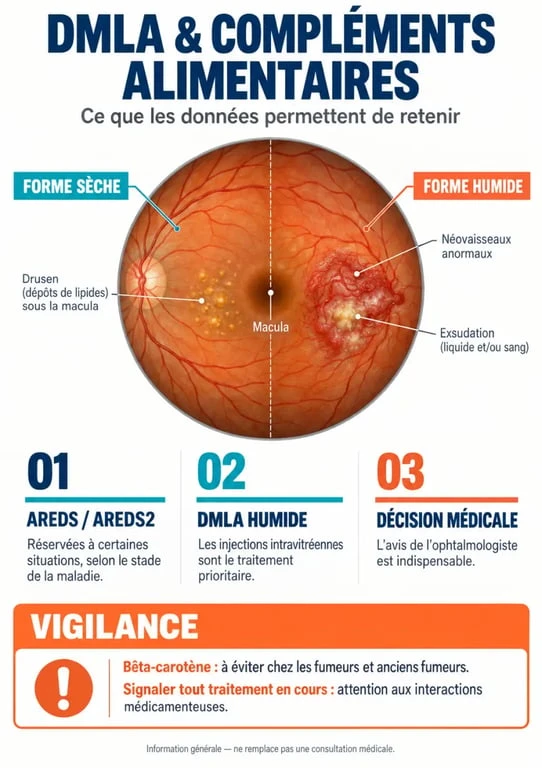 Infographie sur la DMLA compléments alimentaires, les formules AREDS2 et les précautions médicales
