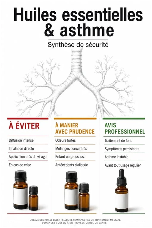 Huiles essentielles asthme : visuel de synthèse sur les huiles à éviter, à surveiller et à utiliser avec prudence