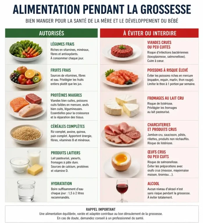 Guide visuel des aliments autorisés et interdits pour l'alimentation grossesse