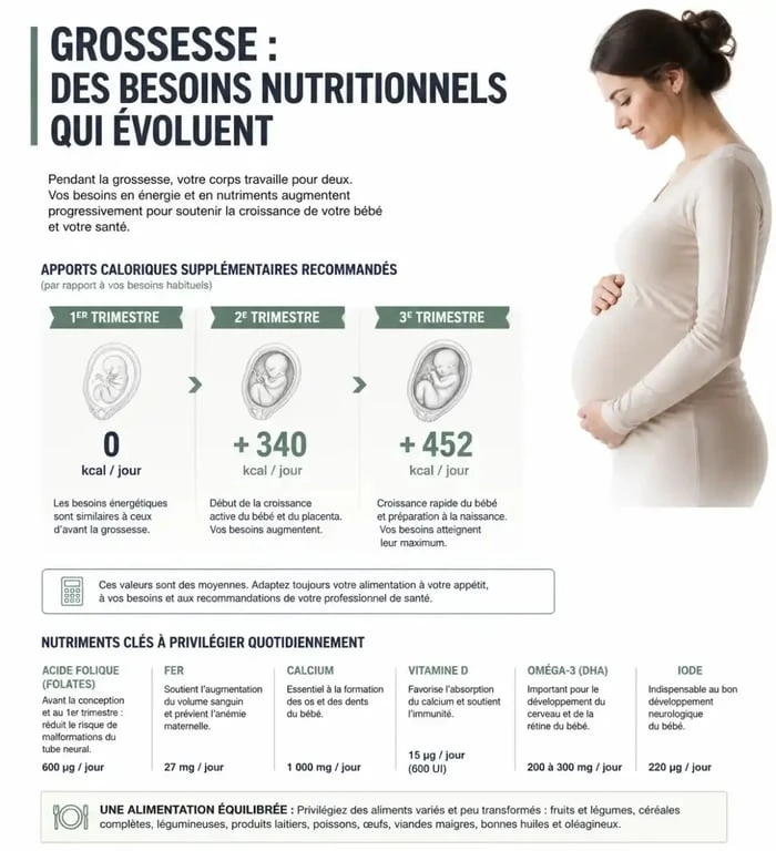 Infographie des besoins caloriques et nutritionnels pour une alimentation grossesse équilibrée