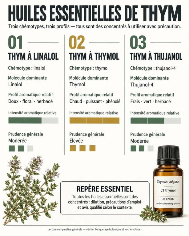 Infographie comparative des huiles essentielles de thym à linalol, thym à thymol et thym à thujanol