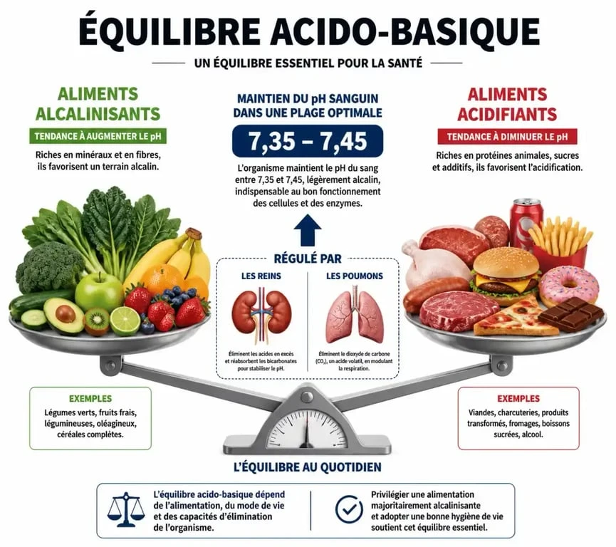 Infographie explicative sur l'alimentation alcaline et l'équilibre acido-basique du corps humain