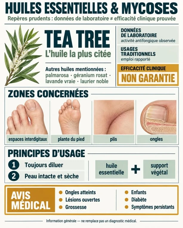 Infographie sur les huiles essentielles antifongiques, zones d’usage et précautions