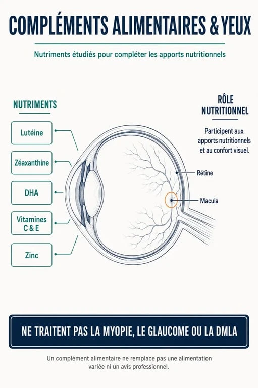 Infographie sur les compléments alimentaires yeux, la macula, la lutéine, la zéaxanthine et le DHA