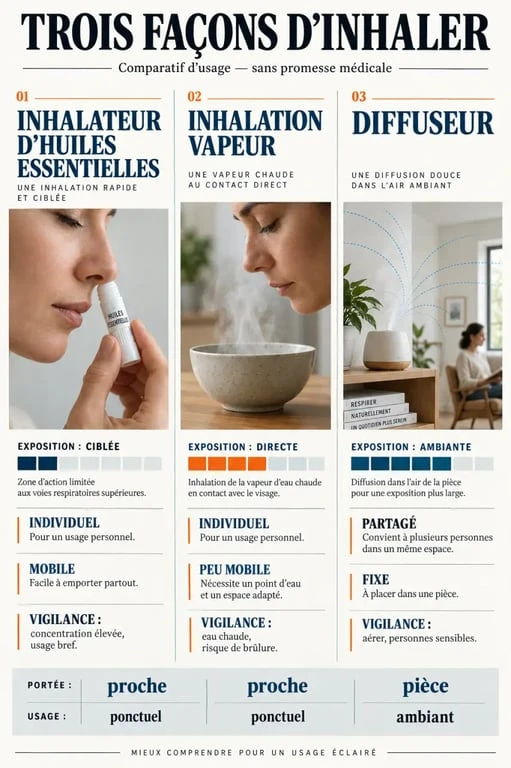Inhalateur d’huiles essentielles comparé à l’inhalation vapeur et au diffuseur
