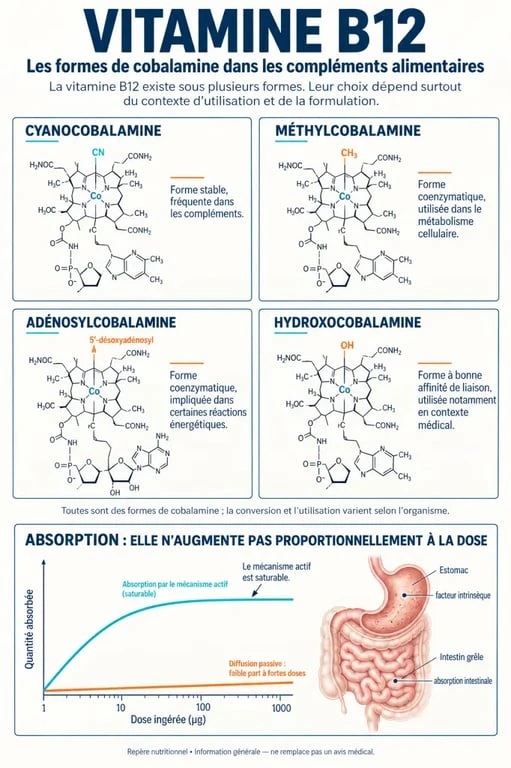 Infographie sur la vitamine B12 et les compléments alimentaires : formes de cobalamine et absorption selon la dose