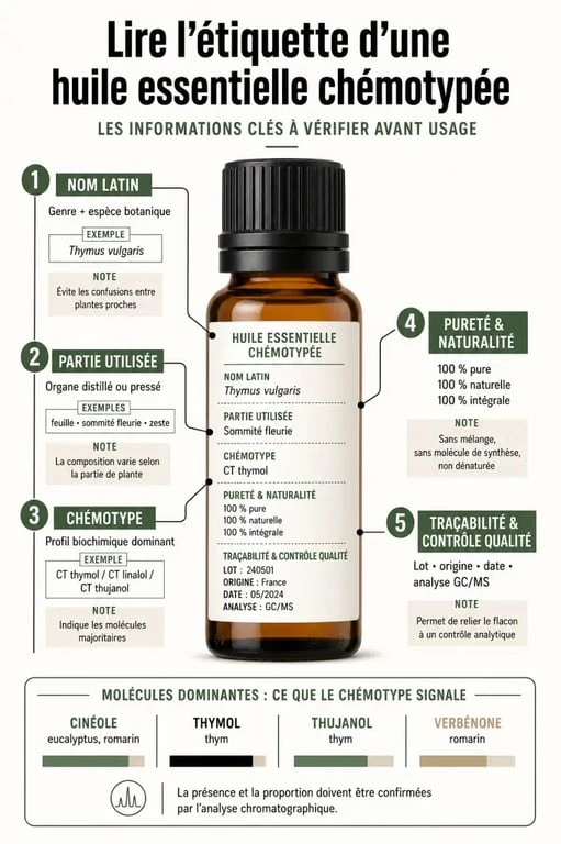 Huiles essentielles chémotypées : schéma pour lire l’étiquette d’un flacon