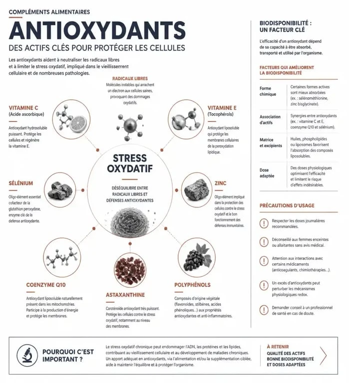 Infographie sur les compléments alimentaires anti oxydant, les actifs clés, la biodisponibilité et les précautions d’usage