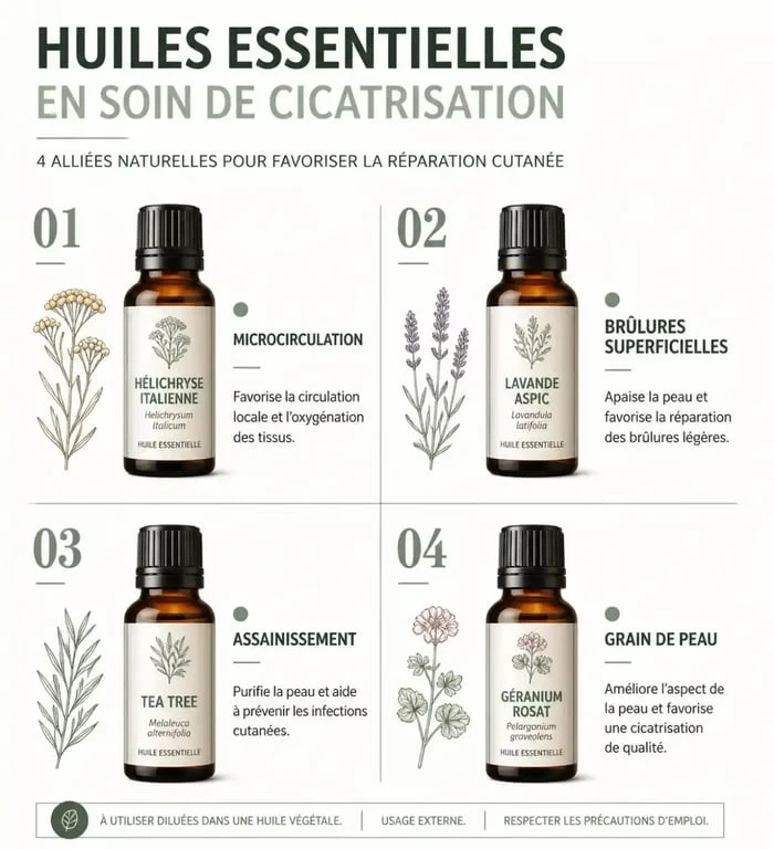 Huiles essentielles pour cicatrisation : hélichryse, lavande aspic, tea tree et géranium rosat