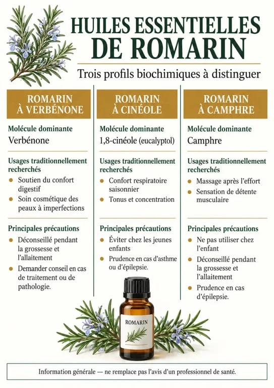Infographie comparative des huiles essentielles de romarin à verbénone, à cinéole et à camphre