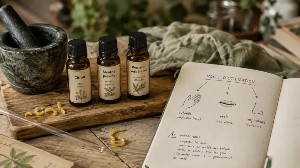 Foie et huiles essentielles : fioles ambrées (citron, menthe poivrée, romarin)
