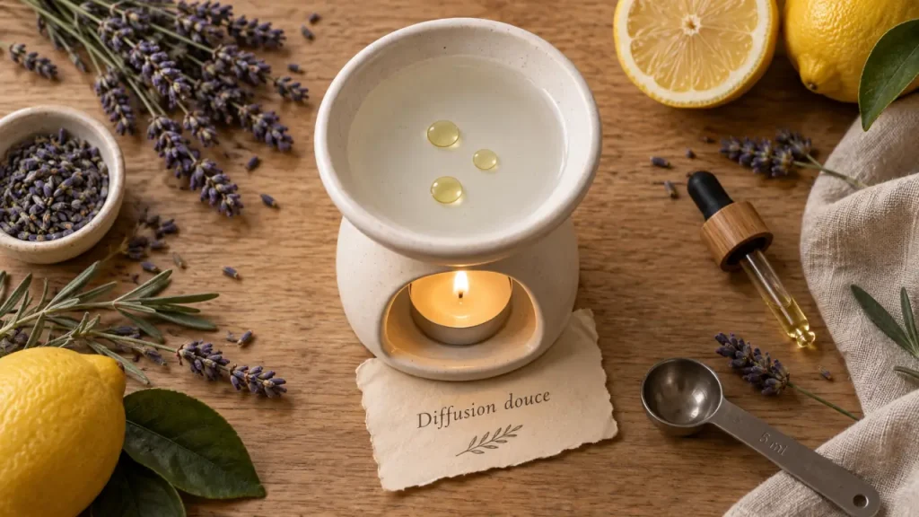 Huiles essentielles à bruler en brûle-parfum : gouttes et bougie chauffe-plat