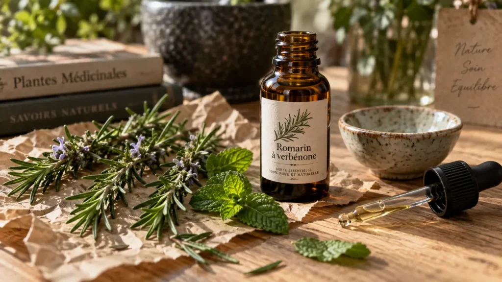 Huiles essentielles romarin verbenone en flacon, dilution sur la peau