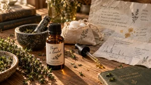 Huiles essentielles thym à linalol, flacon et thym frais sur table