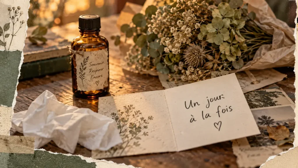 Deuil fleurs de bach : fiole ambrée et carte deuil « Un jour à la fois »
