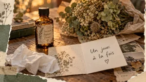 Deuil fleurs de bach : fiole ambrée et carte deuil « Un jour à la fois »