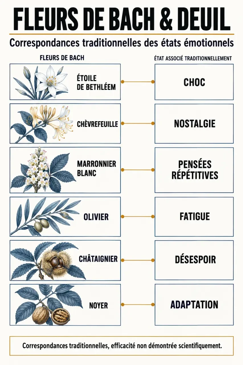 Infographie sur le deuil fleurs de Bach et les émotions traditionnellement associées à six élixirs