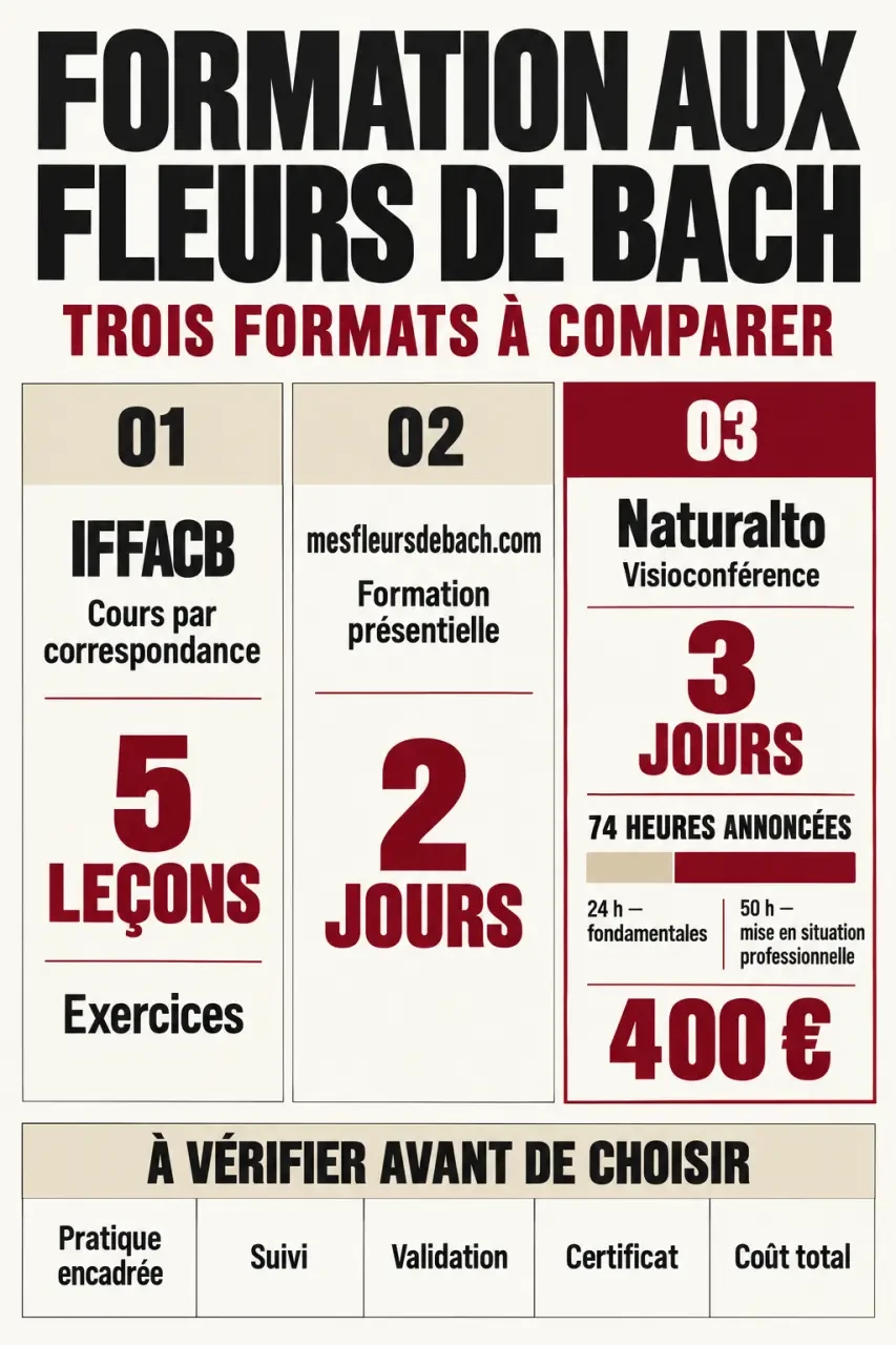 Infographie pour choisir une formation aux fleurs de Bach selon le format, la durée et l’accompagnement