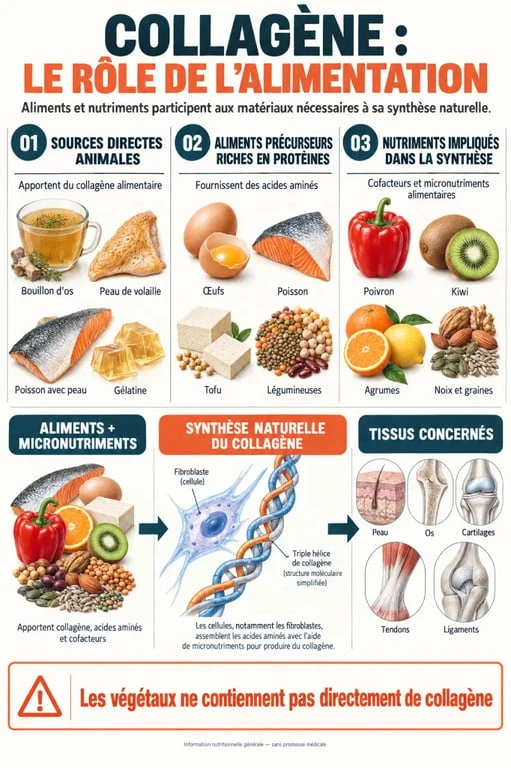 Infographie sur le collagène alimentation : sources animales, protéines, vitamine C et nutriments utiles à sa synthèse