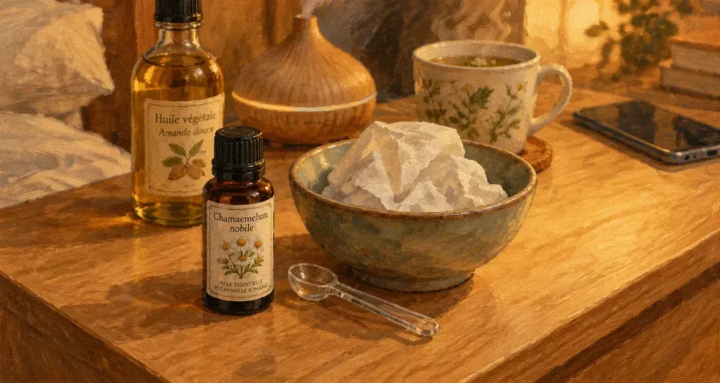 Huiles essentielles camomille romaine sur table, apaisent stress et peau sensible