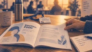 Manuel des premiers secours en santé mentale PSSM, ouvert sur une table